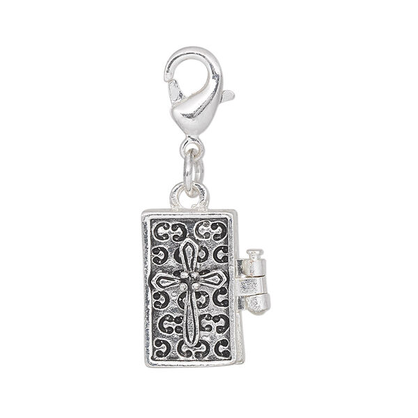 Drop, antique silver-finished "pewter" (zinc-based alloy), 17x10mm rectangle prayer box with cross design and magnetic closure with lobster claw clasp. Sold individually. image number 0