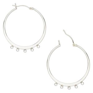 Earring hoop 1pkg2 sterling silver, 32mm flat round / 5 closed loop / latch-back, 1 pair