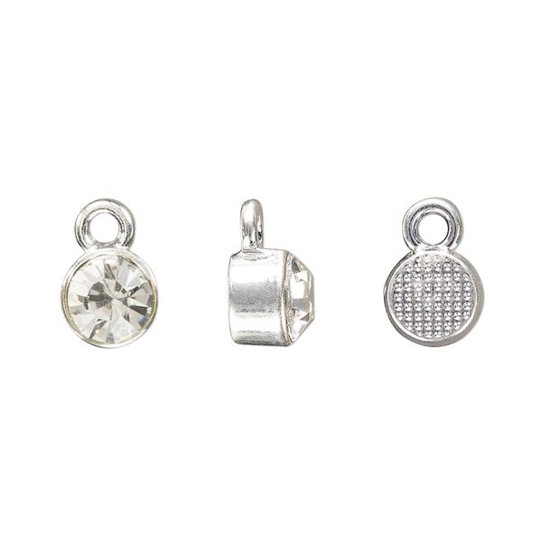 Drop, silver-finished "pewter" (zinc-based alloy) and glass rhinestone, clear, 8mm faceted round, April birthstone. Sold per pkg of 4. image number 0