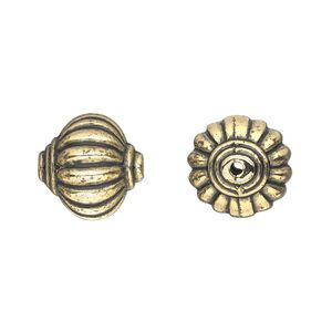 Bead, antiqued gold-finished copper-coated plastic, 14x14mm ribbed rondelle. Sold per 50-gram pkg, approximately 40 beads.