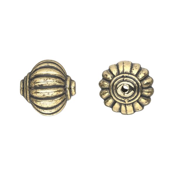 Bead, antiqued gold-finished copper-coated plastic, 14x14mm ribbed rondelle. Sold per 50-gram pkg, approximately 40 beads. image number 0