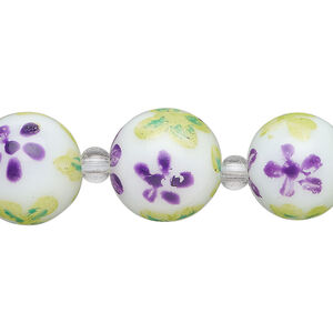 Bead, glass 1pkg8, multicolored, 14mm round with hand-painted flower.