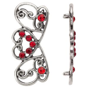 Spacer, antiqued silver-finished "pewter" (zinc-based alloy) and Czech glass rhinestone, light Siam, 41x17mm 2-strand fancy rectangle. Sold per pkg of 4.