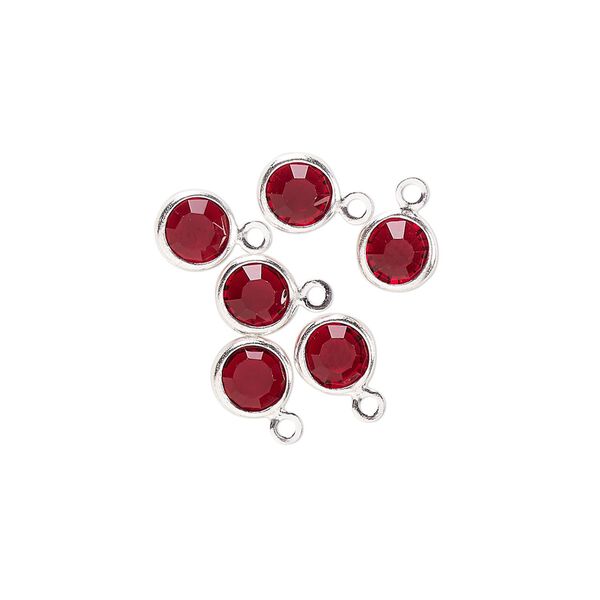Drop, glass rhinestone and silver-finished brass, garnet red, 6-6.5mm faceted round. Sold per pkg of 6. image number 0