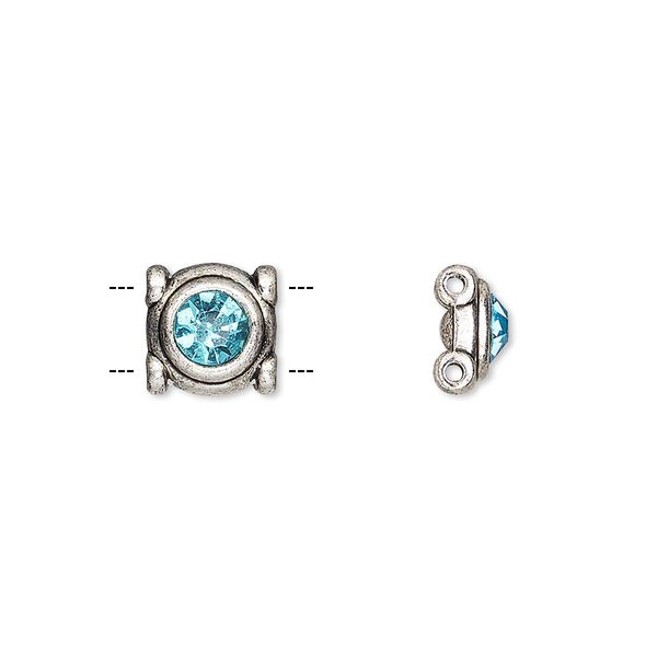 Spacer, glass rhinestone and antique silver-finished "pewter" (zinc-based alloy), aqua blue, 9mm single-sided 2-strand round, fits up to 5mm bead. Sold per pkg of 6. image number 0