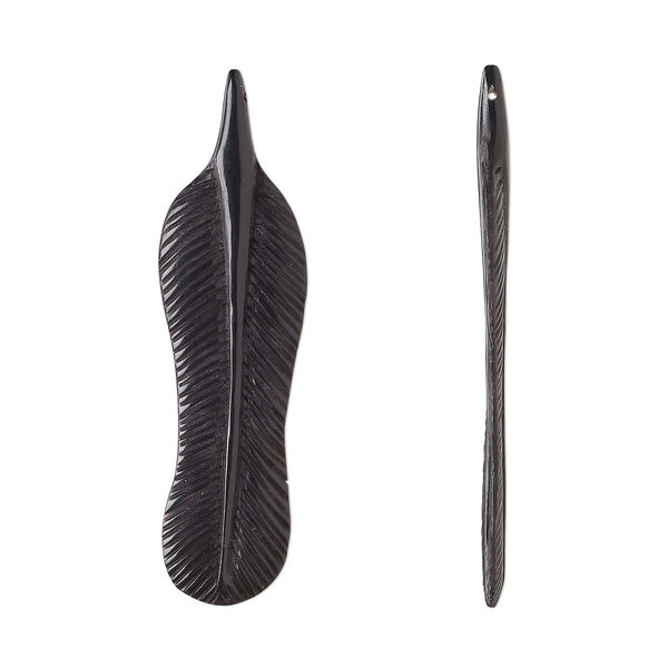 Focal, horn, 2-1/2 x 2/3 inch hand-cut side-drilled 2-sided carved feather. Sold individually. image number 0