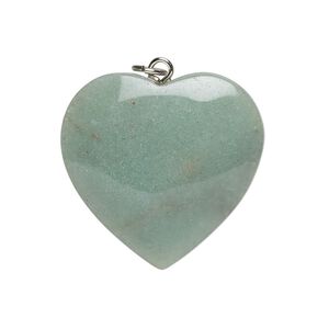 Drop, green aventurine (natural), pkg/1, silver finish translucent, 26mm puffed heart, B Grade.