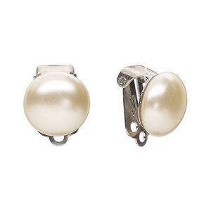 Clip-on, stainless steel and acrylic pearl, off-white, 11mm. Sold per pair.