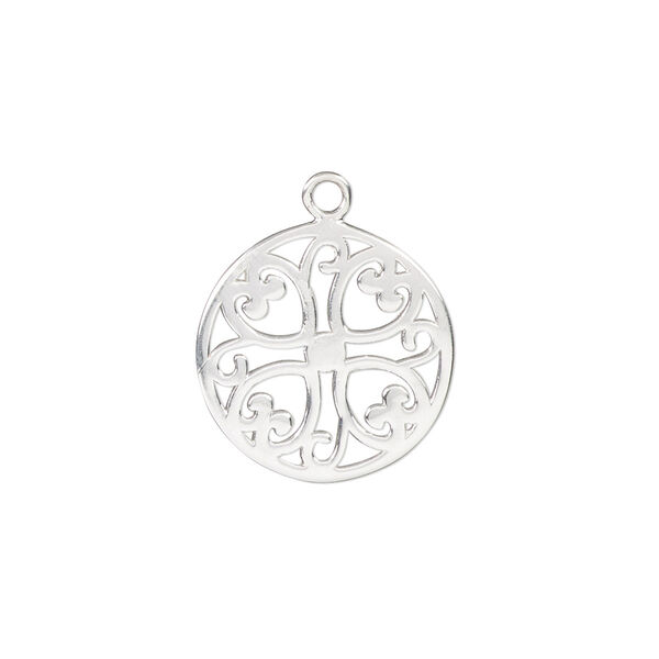 Drop, sterling silver, 17mm double-sided round with cutout hearts. Sold individually. image number 0