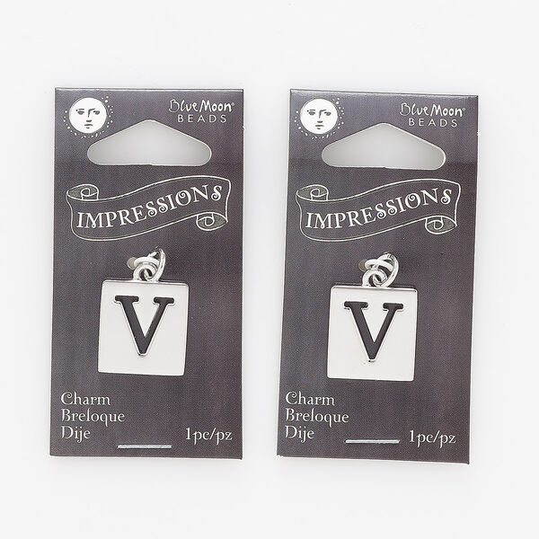 Drop, silver-finished "pewter" (zinc-based alloy), 16x15mm square with cutout letter "V." Sold per pkg of 2. image number 0