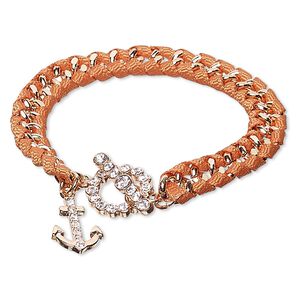 Bracelet, nylon / Czech glass rhinestone / copper-finished steel / "pewter" (zinc-based alloy), orange and clear, 8mm wide with 17x12mm anchor, 6-1/2 inches with toggle clasp. Sold individually.