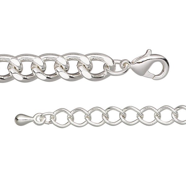 Chain, silver-plated steel and brass, 6.8mm curb, 18 inches with 2-inch extender chain and lobster claw clasp. Sold individually. image number 0
