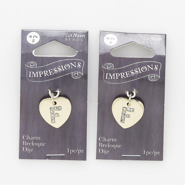 Charm, gold-finished "pewter" (zinc-based alloy) / steel / acrylic rhinestone, clear, 15.5x15mm single-sided puffed heart with letter "F." Sold per pkg of 2. image number 0