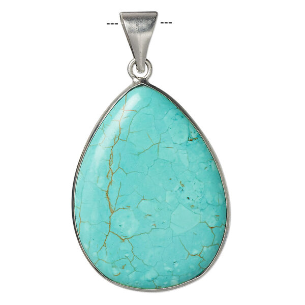 Pendant, magnesite (dyed / stabilized) and imitation rhodium-plated brass, blue, 36x27mm double-sided teardrop, B grade, Mohs hardness 3-1/2 to 4. Sold individually. image number 0