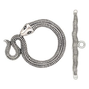 Clasp toggle 1pkg1 "pewter" (zinc alloy), 45.5x36mm snake, antique silver-finished 1-strand