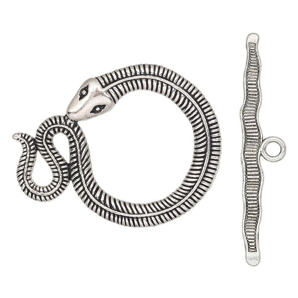 Clasp, toggle, antique silver-finished "pewter" (zinc-based alloy), 45.5x36mm snake. Sold individually. image number 0