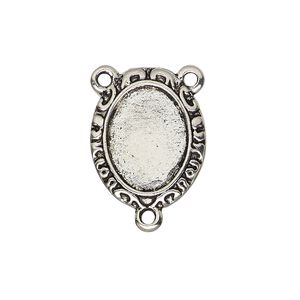 Connector, antique silver-finished "pewter" (zinc-based alloy), 21x17mm double-sided oval rosary with fancy design and 15.5x11.5mm non-calibrated oval cabochon glue-in setting. Sold per pkg of 4.