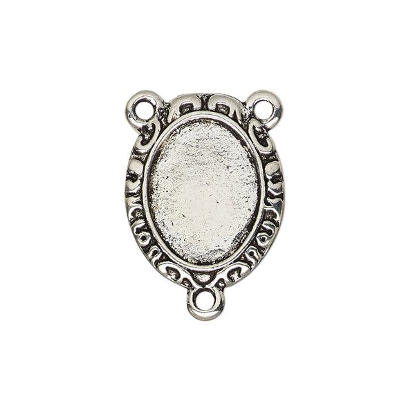 Connector, antique silver-finished "pewter" (zinc-based alloy), 21x17mm double-sided oval rosary with fancy design and 15.5x11.5mm non-calibrated oval cabochon glue-in setting. Sold per pkg of 4. image number 0