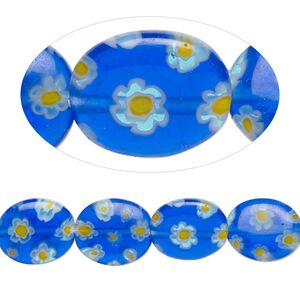 Bead, millefiori glass, translucent cobalt / white / yellow, 12x10mm puffed oval with 0.6-0.8mm hole. Sold per 15-inch strand.