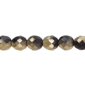 Bead, Czech fire-polished glass, opaque black half-coated matte gold amber, 8mm faceted round. Sold per 15-1/2" to 16" strand.