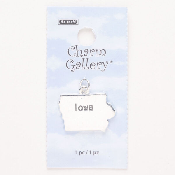 Charm, steel and enamel, pkg/1, silver finish and black, 24x17mm with "Iowa." image number 0
