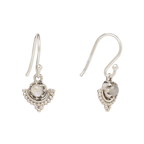 Ear wire, Create Compliments®, antiqued sterling silver and rainbow moonstone (natural), fishhook, 22m with 10mm single-sided beaded moon, 21 gauge. Sold per pair. image number 0
