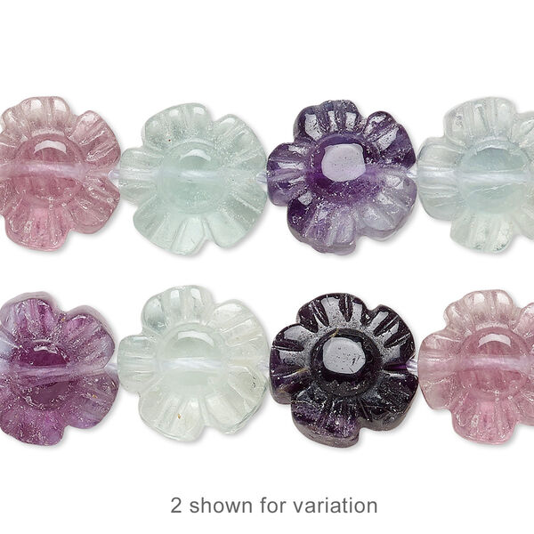 Bead, rainbow fluorite (natural), 12mm carved flower, B grade, Mohs hardness 4. Sold per 15-1/2" to 16" strand. image number 0