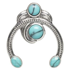 Focal, "turquoise" (resin) (imitation) and antiqued "pewter" (zinc-based alloy), blue, 46x40mm single-sided naja with 2 hidden loops. Sold individually.