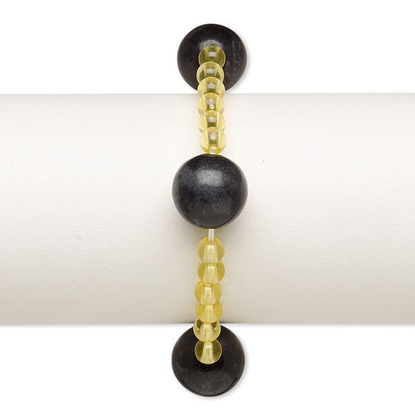 Bracelet, stretch, blackstone (dyed) and acrylic, yellow, 5mm and 15-16mm round, 6 inches. Sold individually. image number 0
