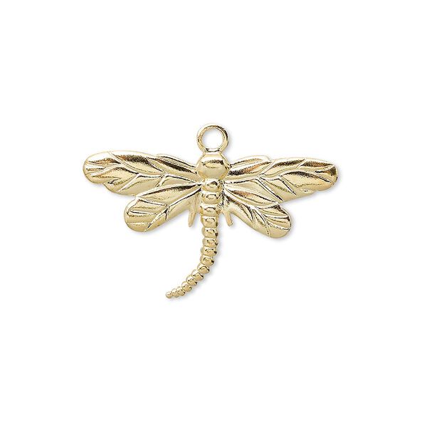 Charm, gold-plated brass, 26x15mm single-sided dragonfly. Sold per pkg of 100. image number 0
