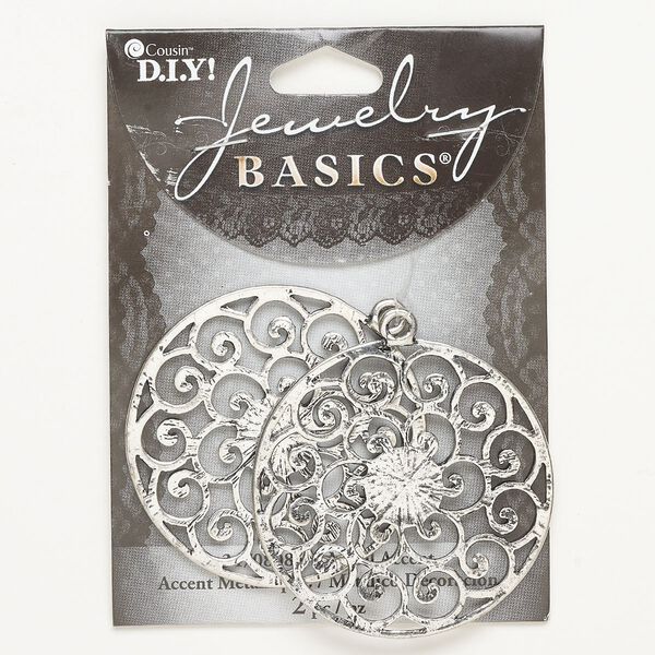 Focal, "pewter" (zinc-based alloy), pkg/2, antique silver finish, 48mm fancy round. image number 0