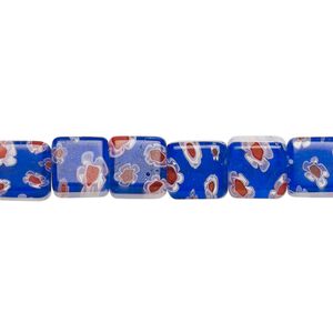Bead, millefiori glass, cobalt blue, red, red-orange and white, 7-9mm cube with flower and stripe design. Sold per 14-inch strand.
