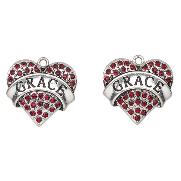 Charm, antique silver finish enamel "pewter" (zinc-based alloy) and glass, red and black, 24x23mm-25x23mm heart with "Grace". Sold per pkg of 2. image number 0