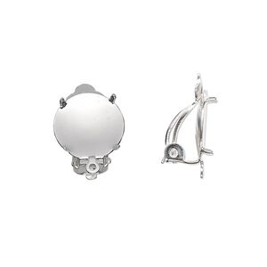 Earring clip-on 1pkg20 silver-plated, 13mm round flat pad / 12mm 4-prong round setting / closed loop, steel / brass 10 pair