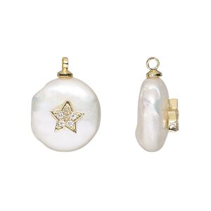 Drop, cubic zirconia / cultured freshwater pearl (bleached) / gold-finished brass, white and clear, 12-13mm single-sided round with star design. Sold individually.