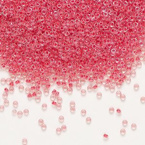 Seed bead, Miyuki, glass, pkg/250g, #15 rocaille, translucent dark coral-lined luster crystal clear (RR-226).