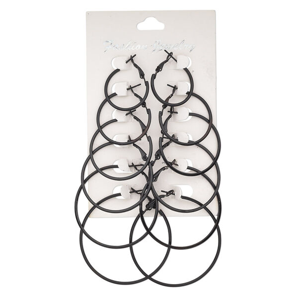 Earring, steel, black, 24-49mm round hoop with hinged closure. Sold per pkg of 6 pairs. image number 0