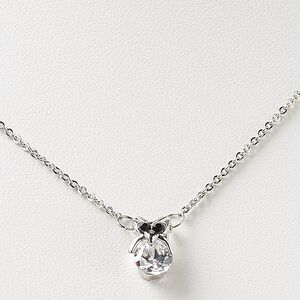 Necklace, Czech glass rhinestone / imitation rhodium-finished steel / brass / "pewter" (zinc-based alloy), clear and black, 11x7mm owl, 16 inches with 2-inch extender chain and lobster claw clasp. Sold individually.