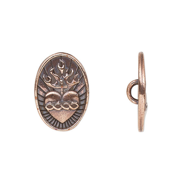 Button, TierraCast®, antique copper-plated pewter, 19x13mm oval with sacred heart and closed loop. Sold per pkg of 20. image number 0