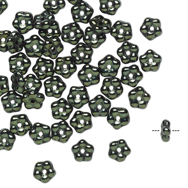 Bead, Preciosa, Czech pressed glass, opaque dark olive luster, 5x2mm forget-me-not flower. Sold per pkg of 50. image number 0
