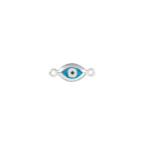 Link, sterling silver and enamel, blue / white / black, 8.5x5.5mm single-sided evil eye. Sold individually.