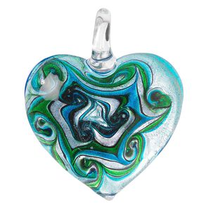 Pendant, lampworked glass, blue / green / multicolored with silver-colored foil, 47x40mm single-sided puffed heart with swirled design. Sold individually.
