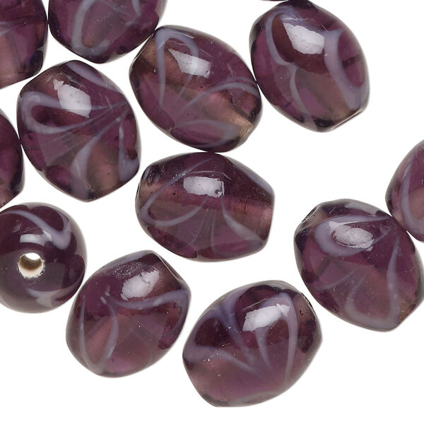 Bead, lampworked glass, translucent dark purple, 13x10mm barrel with swirl design. Sold per 2-ounce pkg, approximately 20 beads. image number 0