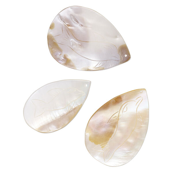 Focal mix, mother-of-pearl shell (natural), 50x32mm-62x42mm teardrop with carved dolphin design, Mohs hardness 3-1/2. Sold per pkg of 3. image number 0