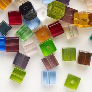 Bead mix, glass, pkg/2 ounces, opaque to transparent mixed colors, 6mm cube.