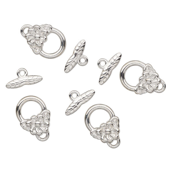 Clasp, toggle, silver-finished brass, 16x13mm round with flower and leaf design. Sold per pkg of 4. image number 0