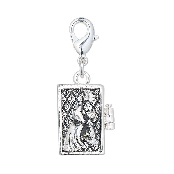 Drop, antique silver-finished "pewter" (zinc-based alloy), 18x12mm rectangle prayer box with angel and star design with magnetic closure and lobster claw clasp. Sold individually. image number 0