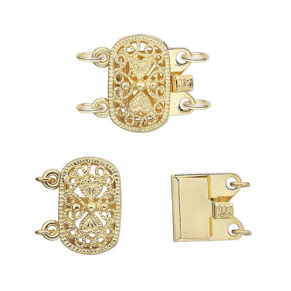 Clasp, 2-strand tab, gold-plated brass, 14x9mm filigree oval. Sold per pkg of 2. image number 0