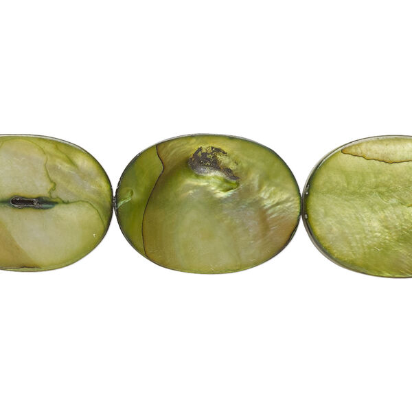 Bead, mother-of-pearl shell (dyed), dark green, 20x15mm flat oval with 0.6-0.8mm hole, Mohs hardness 3-1/2. Sold per 15-inch strand. image number 0