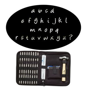 Stamp punch set, steel / wood / fabric, black, alphabetical lowercase letters a-z and "?" symbol, includes ball peen hammer and steel block. Sold per 31-piece set.
